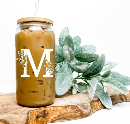 Personalized Tumbler, Monogrammed Can Glass Cups with Bamboo Lids and Straws, Customized Gifts for Women, Cute Design Initial Iced Coffee glasses, Custom Letter Mug, Birthday Bridesmaid, V