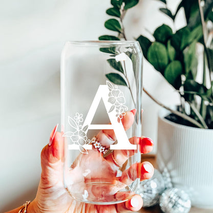 Personalized Tumbler, Monogrammed Can Glass Cups with Bamboo Lids and Straws, Customized Gifts for Women, Cute Design Initial Iced Coffee glasses, Custom Letter Mug, Birthday Bridesmaid, V