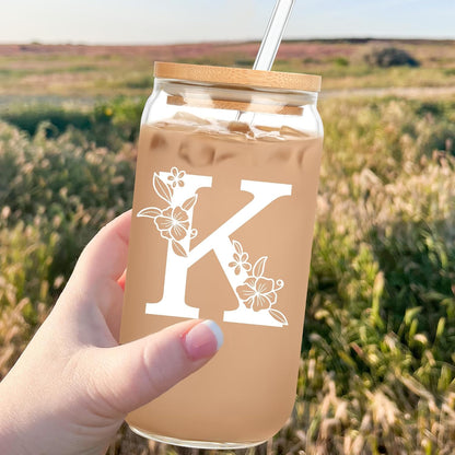 Personalized Tumbler, Monogrammed Can Glass Cups with Bamboo Lids and Straws, Customized Gifts for Women, Cute Design Initial Iced Coffee glasses, Custom Letter Mug, Birthday Bridesmaid, V