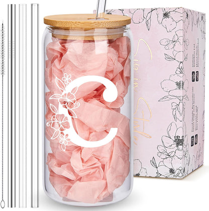 Personalized Tumbler, Monogrammed Can Glass Cups with Bamboo Lids and Straws, Customized Gifts for Women, Cute Design Initial Iced Coffee glasses, Custom Letter Mug, Birthday Bridesmaid, V