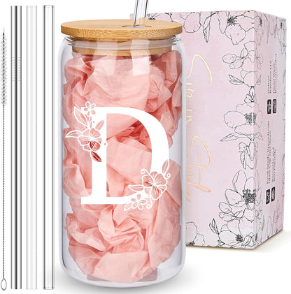 Personalized Tumbler, Monogrammed Can Glass Cups with Bamboo Lids and Straws, Customized Gifts for Women, Cute Design Initial Iced Coffee glasses, Custom Letter Mug, Birthday Bridesmaid, V