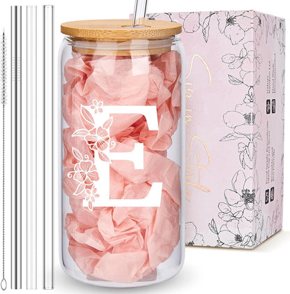 Personalized Tumbler, Monogrammed Can Glass Cups with Bamboo Lids and Straws, Customized Gifts for Women, Cute Design Initial Iced Coffee glasses, Custom Letter Mug, Birthday Bridesmaid, V