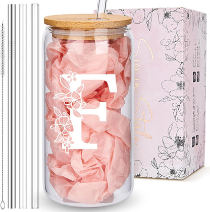 Personalized Tumbler, Monogrammed Can Glass Cups with Bamboo Lids and Straws, Customized Gifts for Women, Cute Design Initial Iced Coffee glasses, Custom Letter Mug, Birthday Bridesmaid, V