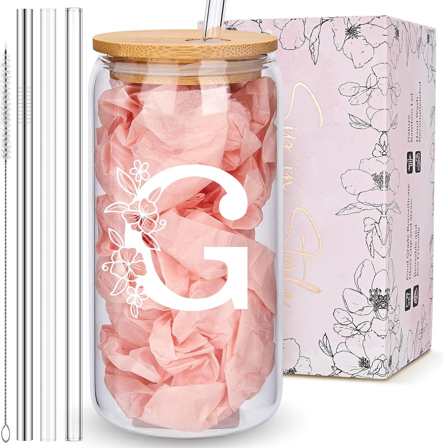 Personalized Tumbler, Monogrammed Can Glass Cups with Bamboo Lids and Straws, Customized Gifts for Women, Cute Design Initial Iced Coffee glasses, Custom Letter Mug, Birthday Bridesmaid, V
