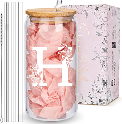 Personalized Tumbler, Monogrammed Can Glass Cups with Bamboo Lids and Straws, Customized Gifts for Women, Cute Design Initial Iced Coffee glasses, Custom Letter Mug, Birthday Bridesmaid, V