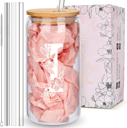 Personalized Tumbler, Monogrammed Can Glass Cups with Bamboo Lids and Straws, Customized Gifts for Women, Cute Design Initial Iced Coffee glasses, Custom Letter Mug, Birthday Bridesmaid, V