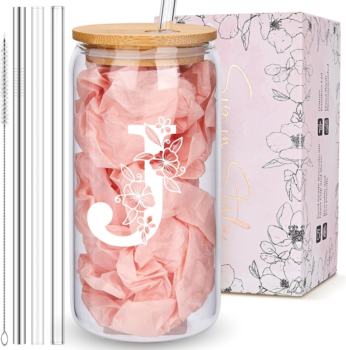 Personalized Tumbler, Monogrammed Can Glass Cups with Bamboo Lids and Straws, Customized Gifts for Women, Cute Design Initial Iced Coffee glasses, Custom Letter Mug, Birthday Bridesmaid, V