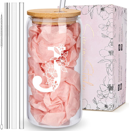 Personalized Tumbler, Monogrammed Can Glass Cups with Bamboo Lids and Straws, Customized Gifts for Women, Cute Design Initial Iced Coffee glasses, Custom Letter Mug, Birthday Bridesmaid, V