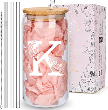 Personalized Tumbler, Monogrammed Can Glass Cups with Bamboo Lids and Straws, Customized Gifts for Women, Cute Design Initial Iced Coffee glasses, Custom Letter Mug, Birthday Bridesmaid, V