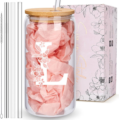 Personalized Tumbler, Monogrammed Can Glass Cups with Bamboo Lids and Straws, Customized Gifts for Women, Cute Design Initial Iced Coffee glasses, Custom Letter Mug, Birthday Bridesmaid, V