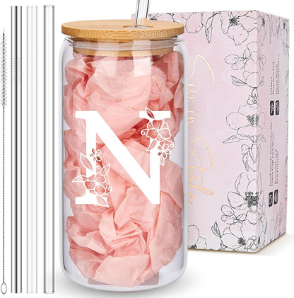 Personalized Tumbler, Monogrammed Can Glass Cups with Bamboo Lids and Straws, Customized Gifts for Women, Cute Design Initial Iced Coffee glasses, Custom Letter Mug, Birthday Bridesmaid, V
