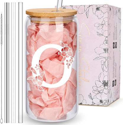 Personalized Tumbler, Monogrammed Can Glass Cups with Bamboo Lids and Straws, Customized Gifts for Women, Cute Design Initial Iced Coffee glasses, Custom Letter Mug, Birthday Bridesmaid, V