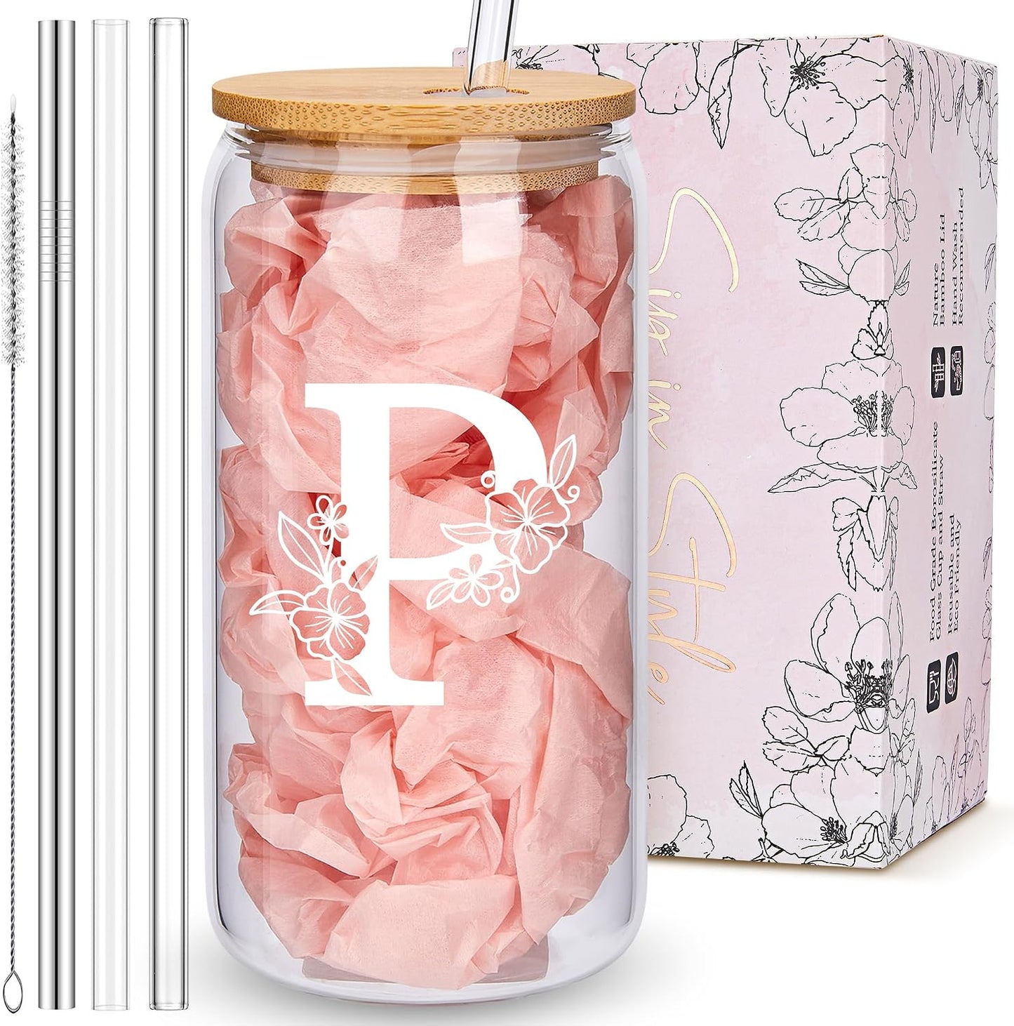Personalized Tumbler, Monogrammed Can Glass Cups with Bamboo Lids and Straws, Customized Gifts for Women, Cute Design Initial Iced Coffee glasses, Custom Letter Mug, Birthday Bridesmaid, V
