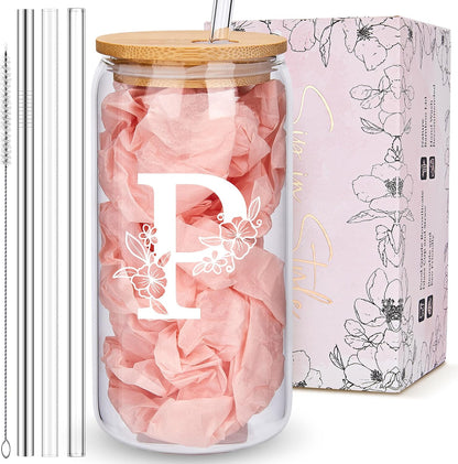 Personalized Tumbler, Monogrammed Can Glass Cups with Bamboo Lids and Straws, Customized Gifts for Women, Cute Design Initial Iced Coffee glasses, Custom Letter Mug, Birthday Bridesmaid, V