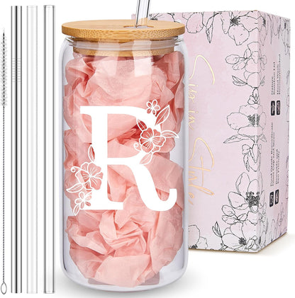 Personalized Tumbler, Monogrammed Can Glass Cups with Bamboo Lids and Straws, Customized Gifts for Women, Cute Design Initial Iced Coffee glasses, Custom Letter Mug, Birthday Bridesmaid, V