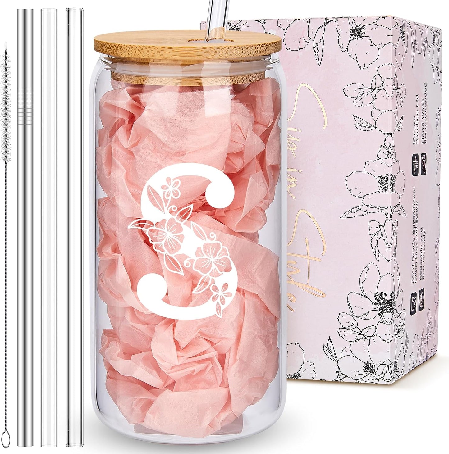 Personalized Tumbler, Monogrammed Can Glass Cups with Bamboo Lids and Straws, Customized Gifts for Women, Cute Design Initial Iced Coffee glasses, Custom Letter Mug, Birthday Bridesmaid, V