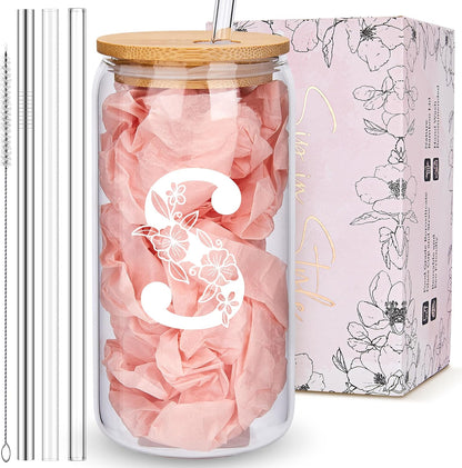 Personalized Tumbler, Monogrammed Can Glass Cups with Bamboo Lids and Straws, Customized Gifts for Women, Cute Design Initial Iced Coffee glasses, Custom Letter Mug, Birthday Bridesmaid, V