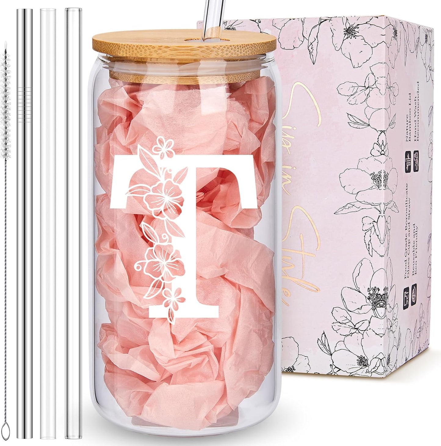 Personalized Tumbler, Monogrammed Can Glass Cups with Bamboo Lids and Straws, Customized Gifts for Women, Cute Design Initial Iced Coffee glasses, Custom Letter Mug, Birthday Bridesmaid, V