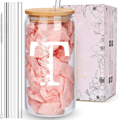 Personalized Tumbler, Monogrammed Can Glass Cups with Bamboo Lids and Straws, Customized Gifts for Women, Cute Design Initial Iced Coffee glasses, Custom Letter Mug, Birthday Bridesmaid, V