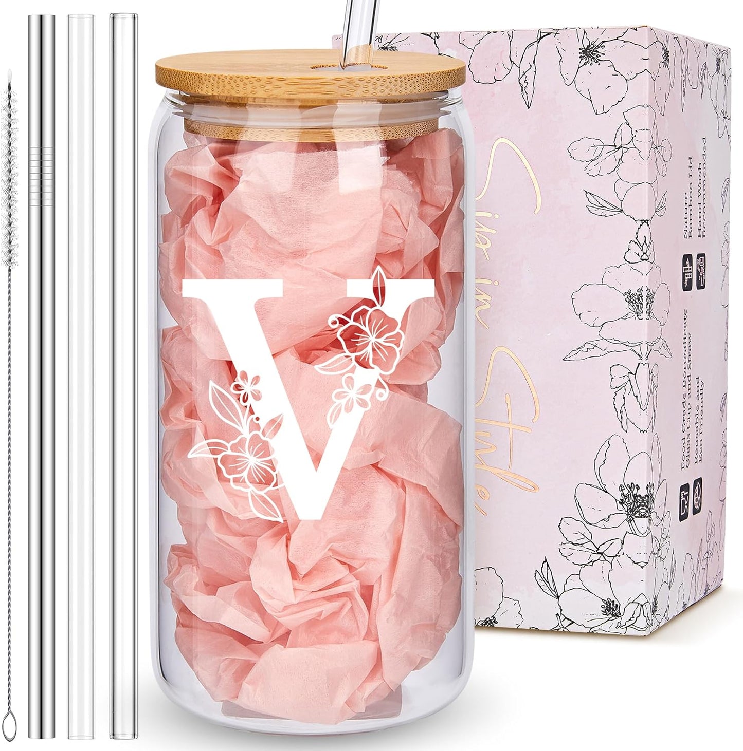 Personalized Tumbler, Monogrammed Can Glass Cups with Bamboo Lids and Straws, Customized Gifts for Women, Cute Design Initial Iced Coffee glasses, Custom Letter Mug, Birthday Bridesmaid, V