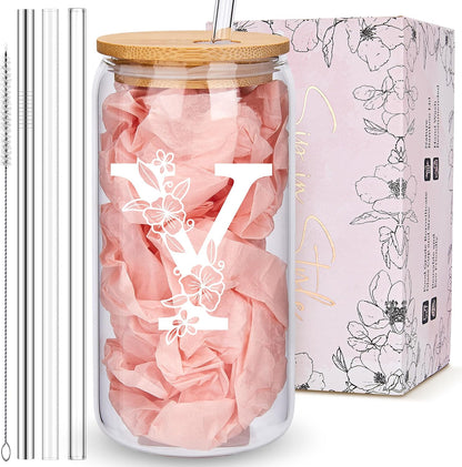 Personalized Tumbler, Monogrammed Can Glass Cups with Bamboo Lids and Straws, Customized Gifts for Women, Cute Design Initial Iced Coffee glasses, Custom Letter Mug, Birthday Bridesmaid, V