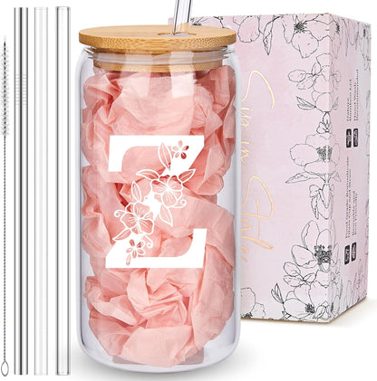 Personalized Tumbler, Monogrammed Can Glass Cups with Bamboo Lids and Straws, Customized Gifts for Women, Cute Design Initial Iced Coffee glasses, Custom Letter Mug, Birthday Bridesmaid, V