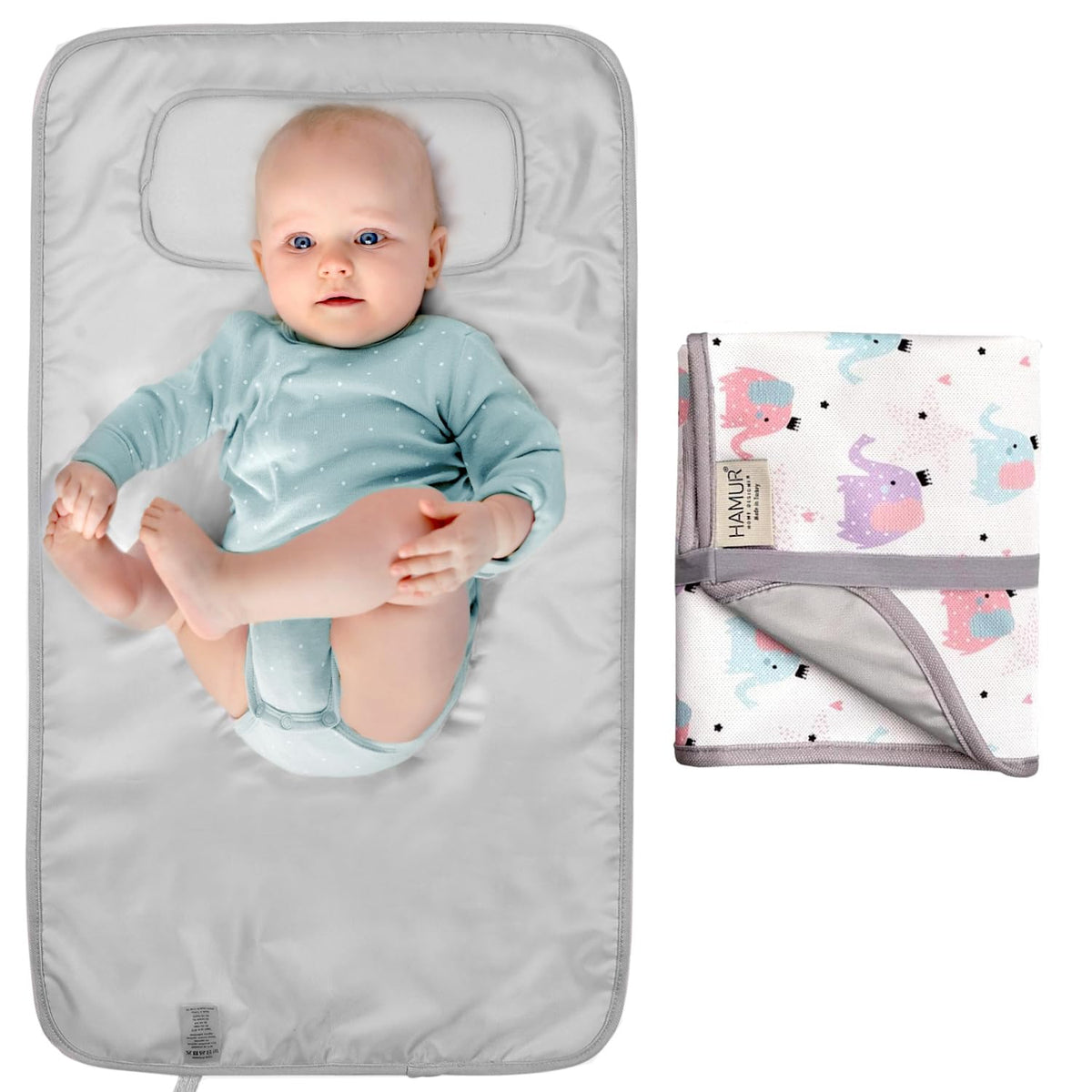 Portable Changing Pad, Soft Padded Waterproof Baby Changing Mat for Diaper Bag, Foldable & Wipe Clean, 27.5"×15.8", Compact Travel Mat for Newborns, Elephant Design, Made in Turkey