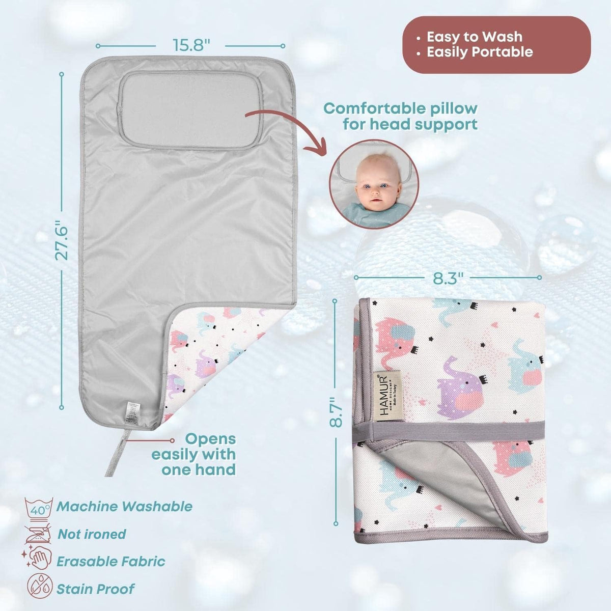 Portable Changing Pad, Soft Padded Waterproof Baby Changing Mat for Diaper Bag, Foldable & Wipe Clean, 27.5"×15.8", Compact Travel Mat for Newborns, Elephant Design, Made in Turkey