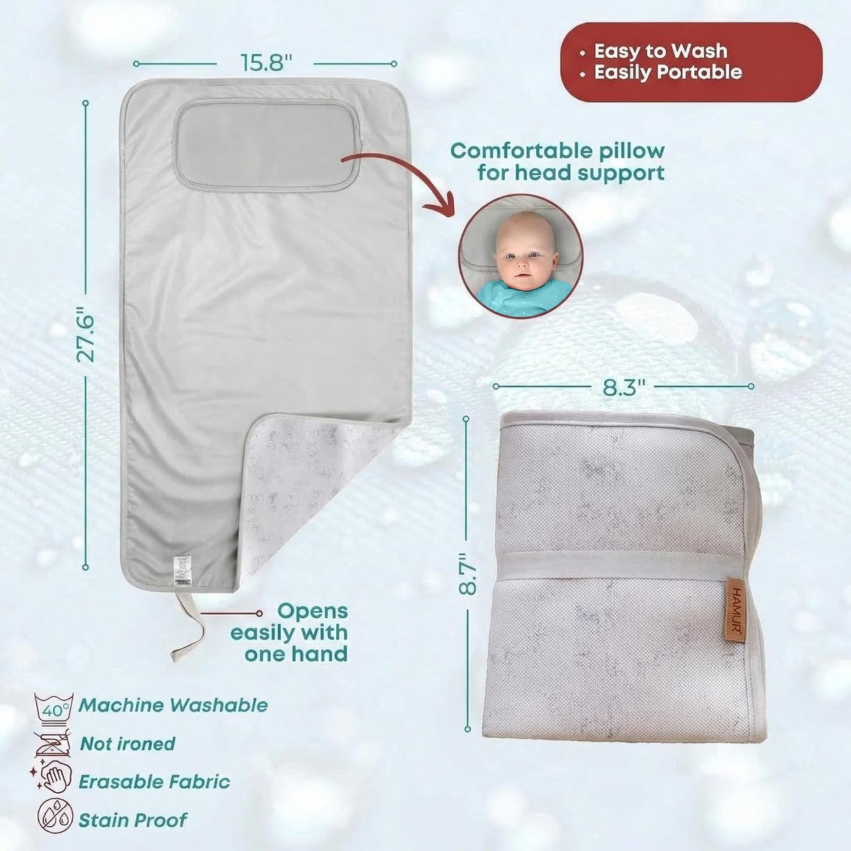 Portable Changing Pad, Soft Padded Waterproof Baby Changing Mat for Diaper Bag, Foldable & Wipe Clean, 27.5"×15.8", Compact Travel Mat for Newborns, Elephant Design, Made in Turkey