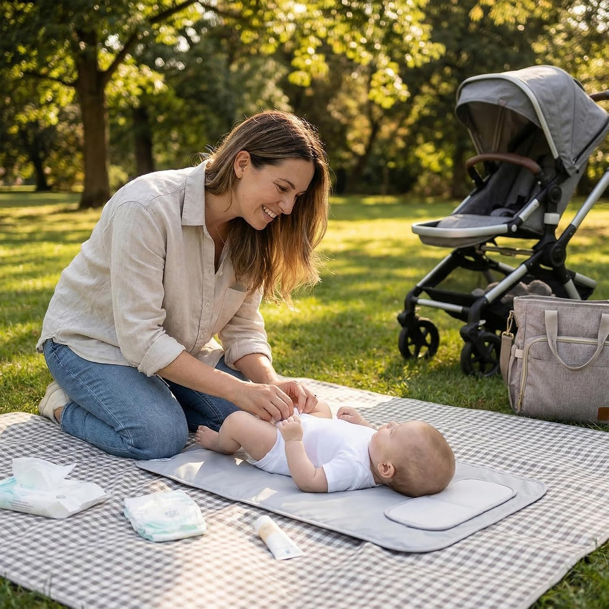 Portable Changing Pad, Soft Padded Waterproof Baby Changing Mat for Diaper Bag, Foldable & Wipe Clean, 27.5"×15.8", Compact Travel Mat for Newborns, Elephant Design, Made in Turkey