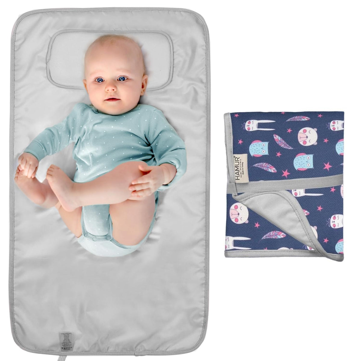 Portable Changing Pad, Soft Padded Waterproof Baby Changing Mat for Diaper Bag, Foldable & Wipe Clean, 27.5"×15.8", Compact Travel Mat for Newborns, Elephant Design, Made in Turkey