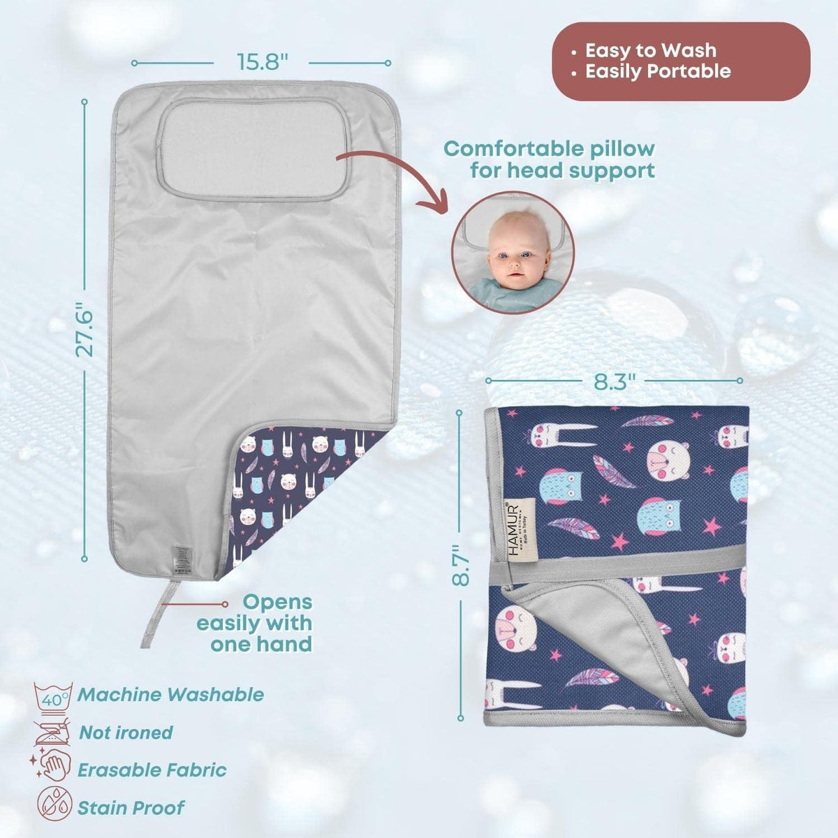 Portable Changing Pad, Soft Padded Waterproof Baby Changing Mat for Diaper Bag, Foldable & Wipe Clean, 27.5"×15.8", Compact Travel Mat for Newborns, Elephant Design, Made in Turkey