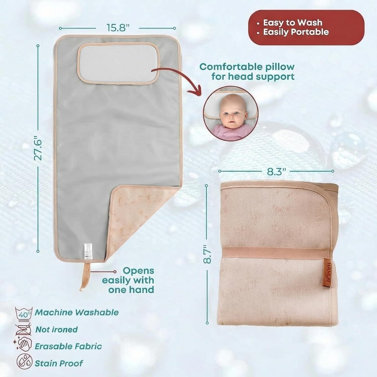 Portable Changing Pad, Soft Padded Waterproof Baby Changing Mat for Diaper Bag, Foldable & Wipe Clean, 27.5"×15.8", Compact Travel Mat for Newborns, Elephant Design, Made in Turkey