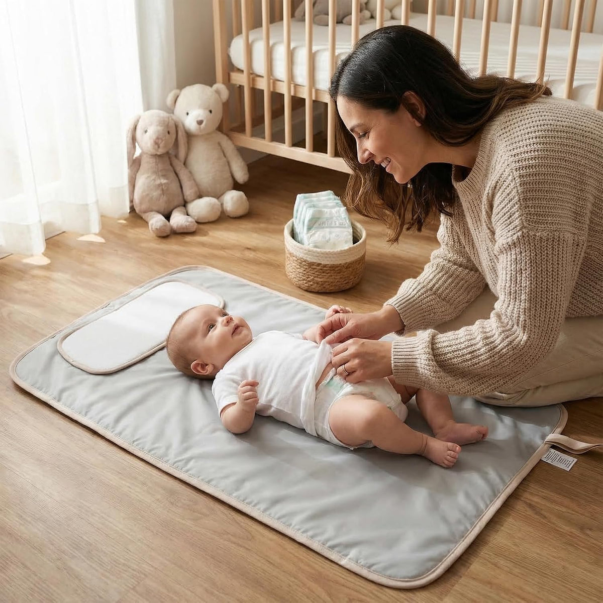 Portable Changing Pad, Soft Padded Waterproof Baby Changing Mat for Diaper Bag, Foldable & Wipe Clean, 27.5"×15.8", Compact Travel Mat for Newborns, Elephant Design, Made in Turkey