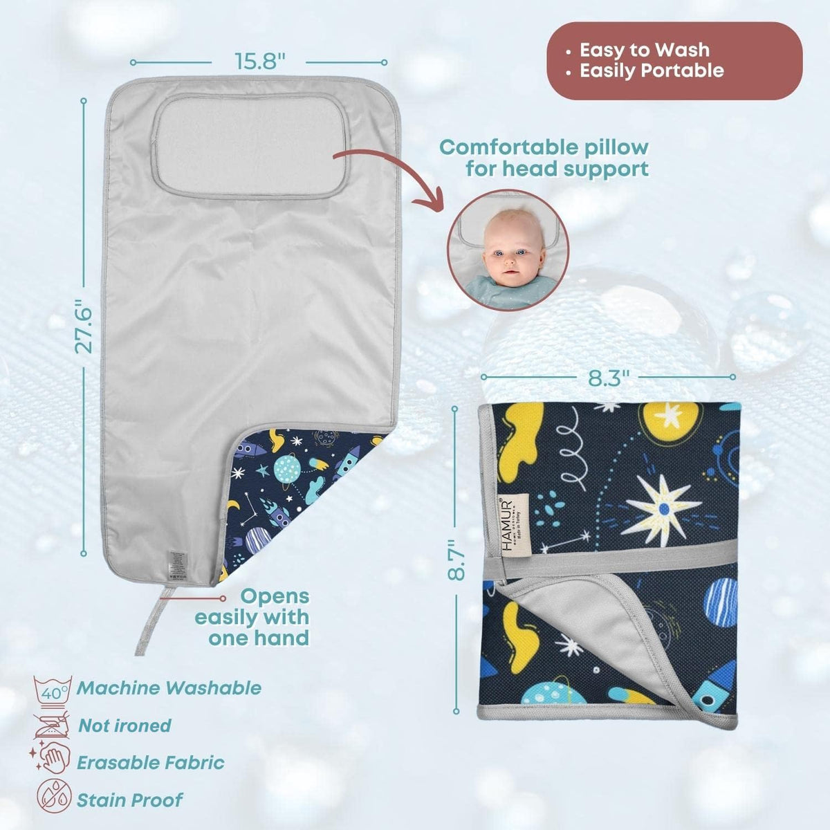 Portable Changing Pad, Soft Padded Waterproof Baby Changing Mat for Diaper Bag, Foldable & Wipe Clean, 27.5"×15.8", Compact Travel Mat for Newborns, Elephant Design, Made in Turkey