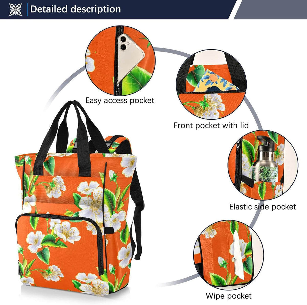 Diaper Bag Backpack for Mom Dad, Autumn Floral Unisex Baby Bag Large Capacity Waterproof Travel Backpack with Insulated Pockets, Stroller Strap