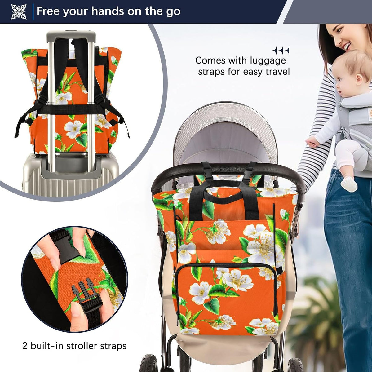 Diaper Bag Backpack for Mom Dad, Autumn Floral Unisex Baby Bag Large Capacity Waterproof Travel Backpack with Insulated Pockets, Stroller Strap
