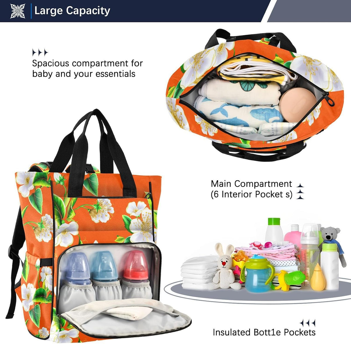 Diaper Bag Backpack for Mom Dad, Autumn Floral Unisex Baby Bag Large Capacity Waterproof Travel Backpack with Insulated Pockets, Stroller Strap