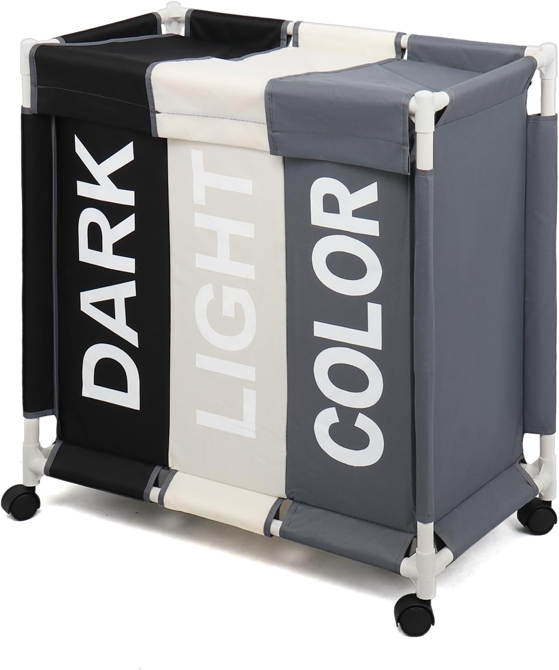 Laundry Sorter 3 Section Laundry Hamper Basket with Rolling Wheels Laundry Organizer Cart for Bathroom Bedroom Nursery (White+Grey+Black)