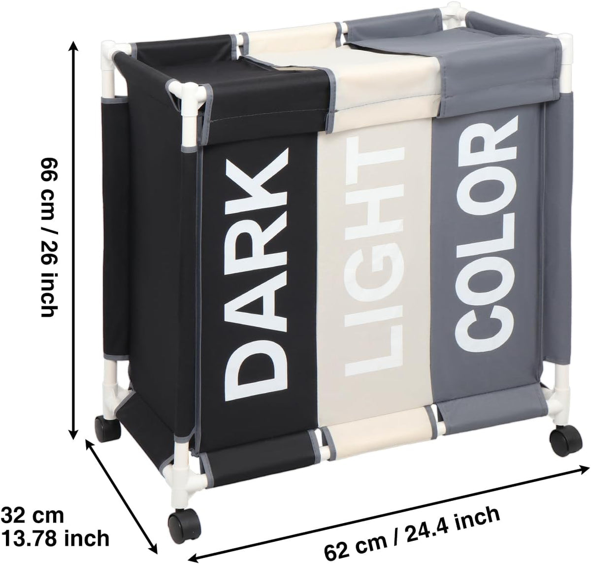 Laundry Sorter 3 Section Laundry Hamper Basket with Rolling Wheels Laundry Organizer Cart for Bathroom Bedroom Nursery (White+Grey+Black)