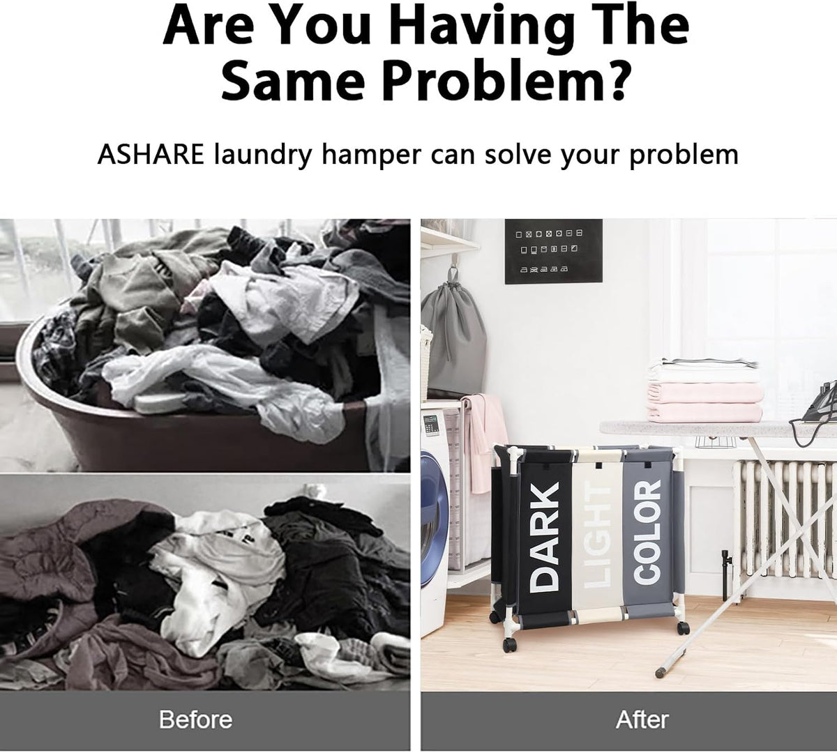 Laundry Sorter 3 Section Laundry Hamper Basket with Rolling Wheels Laundry Organizer Cart for Bathroom Bedroom Nursery (White+Grey+Black)