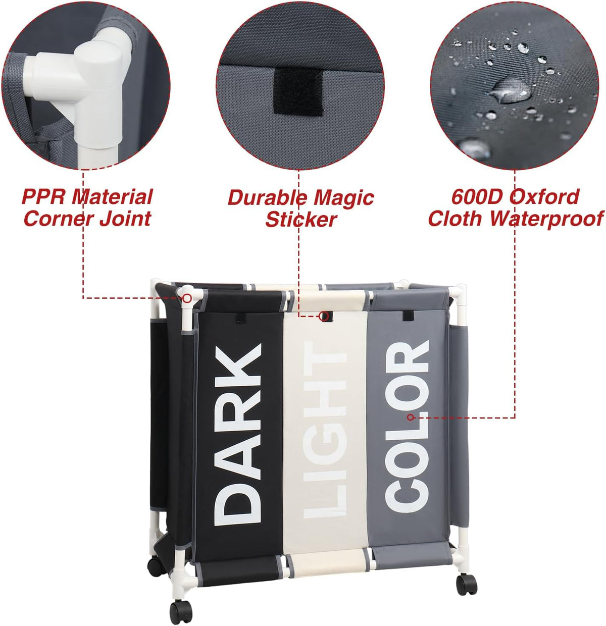 Laundry Sorter 3 Section Laundry Hamper Basket with Rolling Wheels Laundry Organizer Cart for Bathroom Bedroom Nursery (White+Grey+Black)