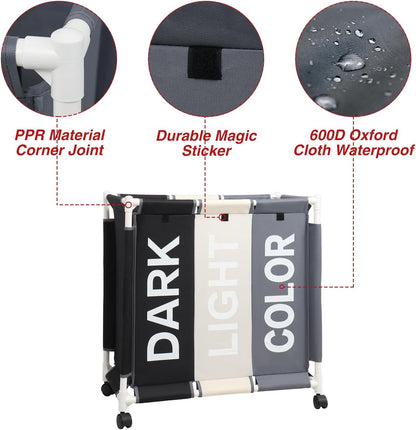Laundry Sorter 3 Section Laundry Hamper Basket with Rolling Wheels Laundry Organizer Cart for Bathroom Bedroom Nursery (White+Grey+Black)
