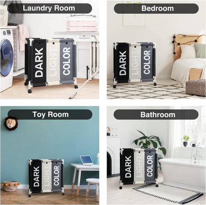 Laundry Sorter 3 Section Laundry Hamper Basket with Rolling Wheels Laundry Organizer Cart for Bathroom Bedroom Nursery (White+Grey+Black)