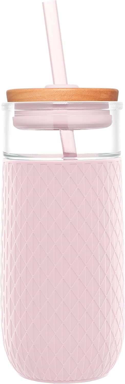 Devon 18oz Glass Tumbler with Straw, Friction Fit Bamboo Wood Lid and Silicone Sleeve | Perfect for Iced Coffee, Tea, and Smoothies