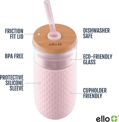 Devon 18oz Glass Tumbler with Straw, Friction Fit Bamboo Wood Lid and Silicone Sleeve | Perfect for Iced Coffee, Tea, and Smoothies