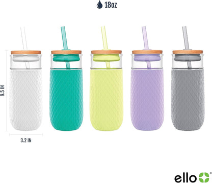 Devon 18oz Glass Tumbler with Straw, Friction Fit Bamboo Wood Lid and Silicone Sleeve | Perfect for Iced Coffee, Tea, and Smoothies