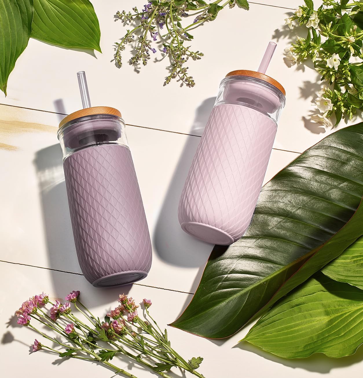 Devon 18oz Glass Tumbler with Straw, Friction Fit Bamboo Wood Lid and Silicone Sleeve | Perfect for Iced Coffee, Tea, and Smoothies