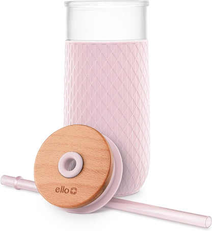 Devon 18oz Glass Tumbler with Straw, Friction Fit Bamboo Wood Lid and Silicone Sleeve | Perfect for Iced Coffee, Tea, and Smoothies