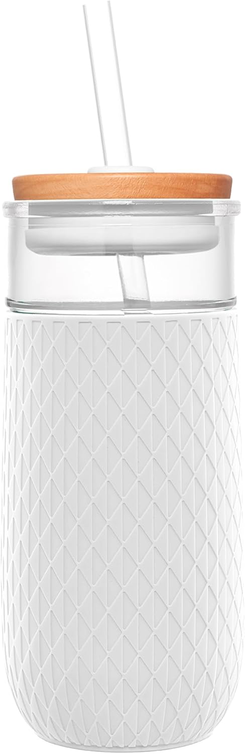 Devon 18oz Glass Tumbler with Straw, Friction Fit Bamboo Wood Lid and Silicone Sleeve | Perfect for Iced Coffee, Tea, and Smoothies